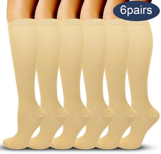 Calze per compressione unisex, confezione da 6 paia, adatti per corsa, viaggi (aereo), sport, corsa e cura personale, Beige, S/M