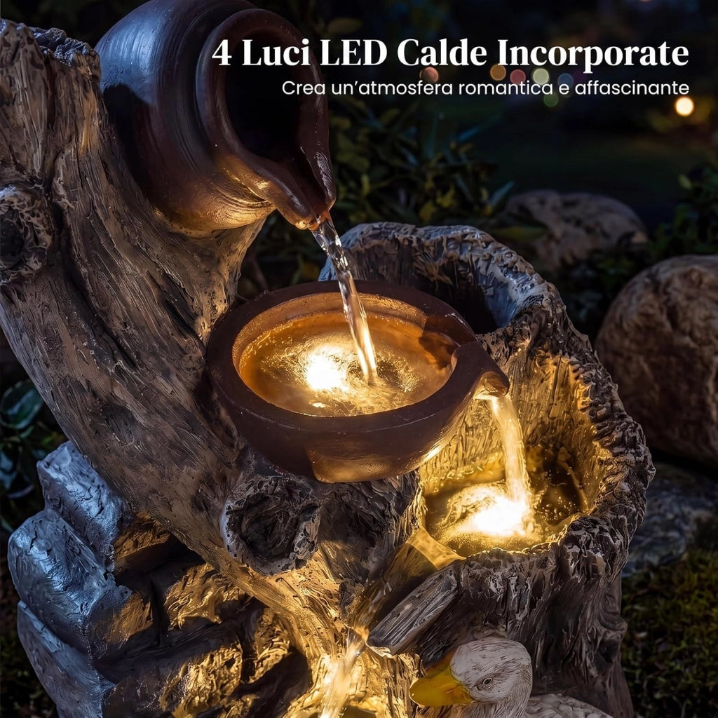 Fontana a Cascata da Esterno con Illuminazione LED e Pompa | Fontana da Giardino in Resina Effetto Pietra e Legno con Anatre per Cortile e Salotto 30 x 27 x 57 cm