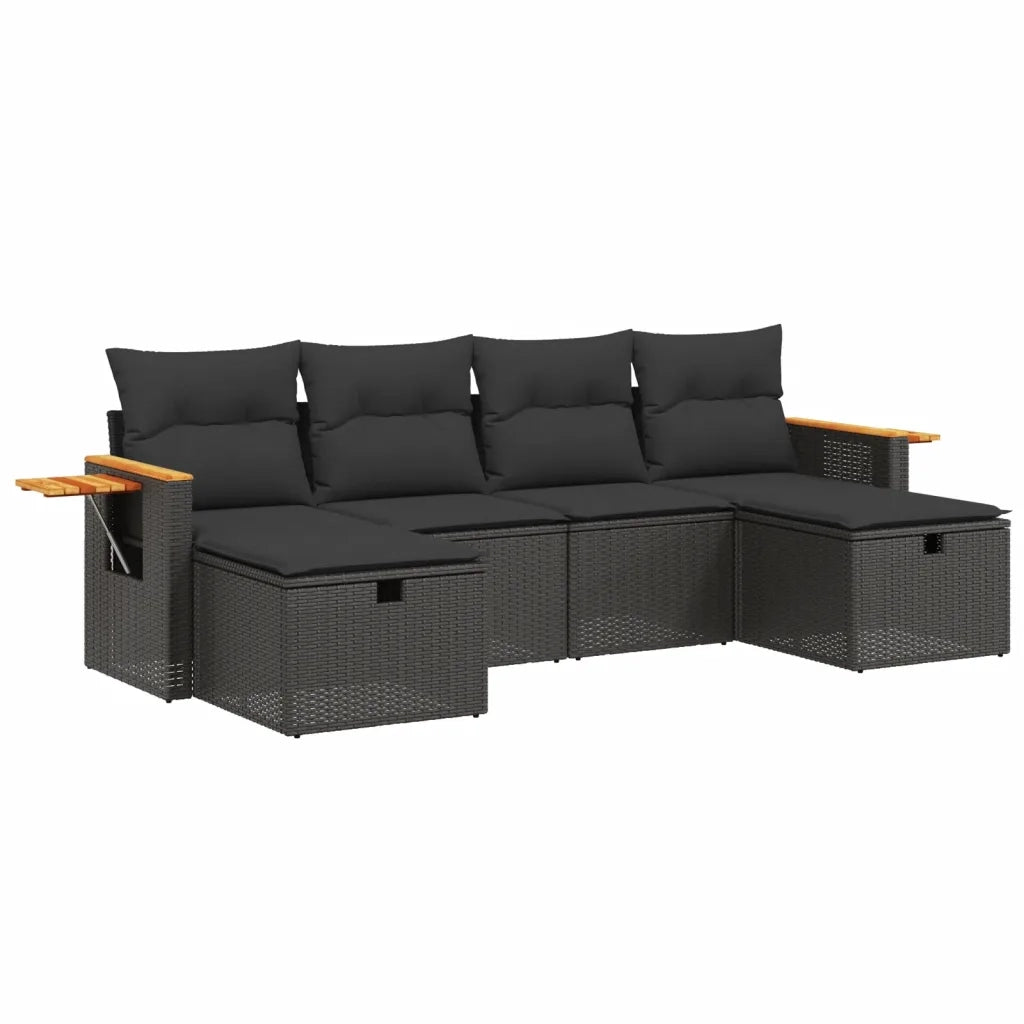Set Divano da Giardino 6 pz con Cuscini Nero in Polyrattan 3265556