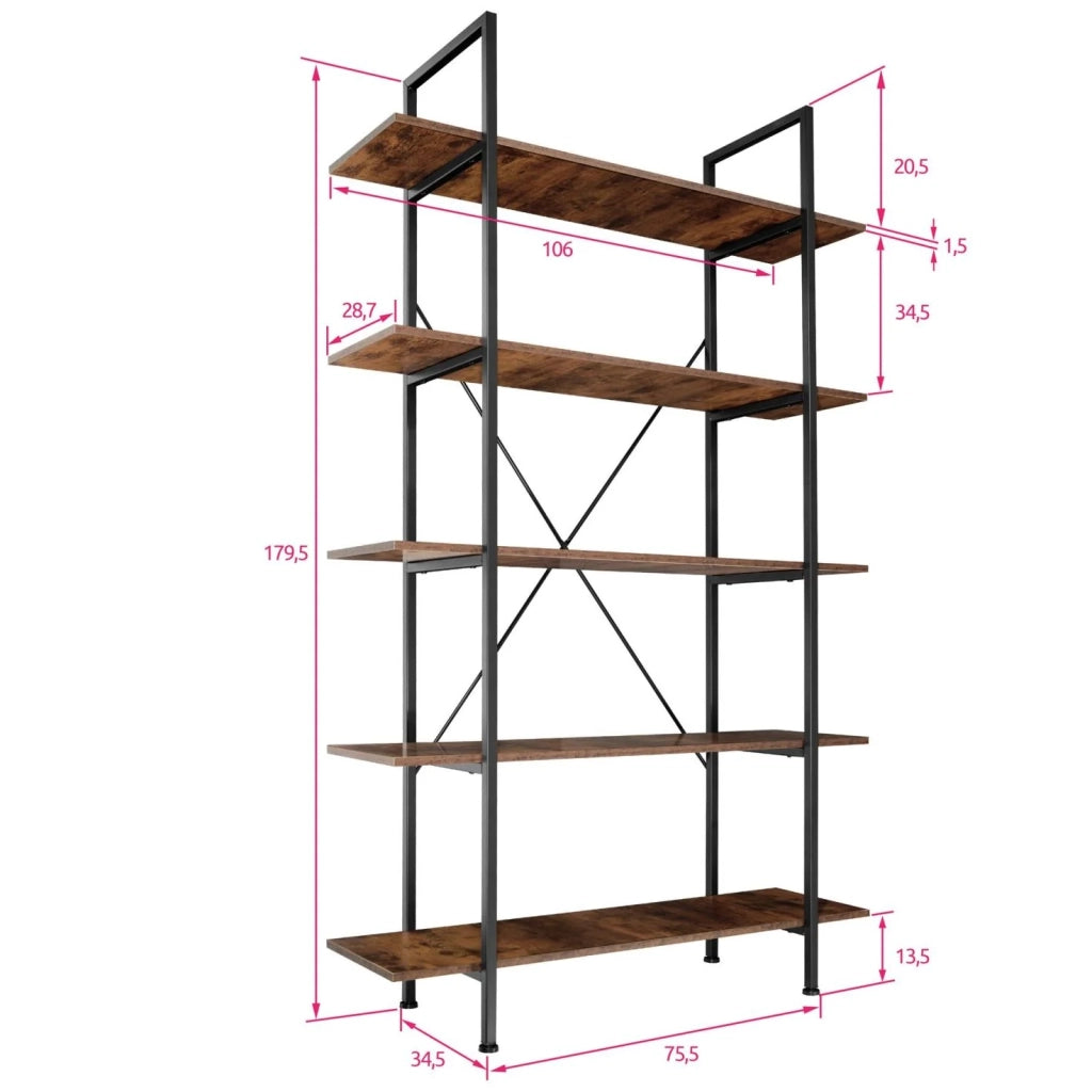 Libreria grande in stile industriale/vintage con 5 ripiani 179,5 cm marrone 08_0000254