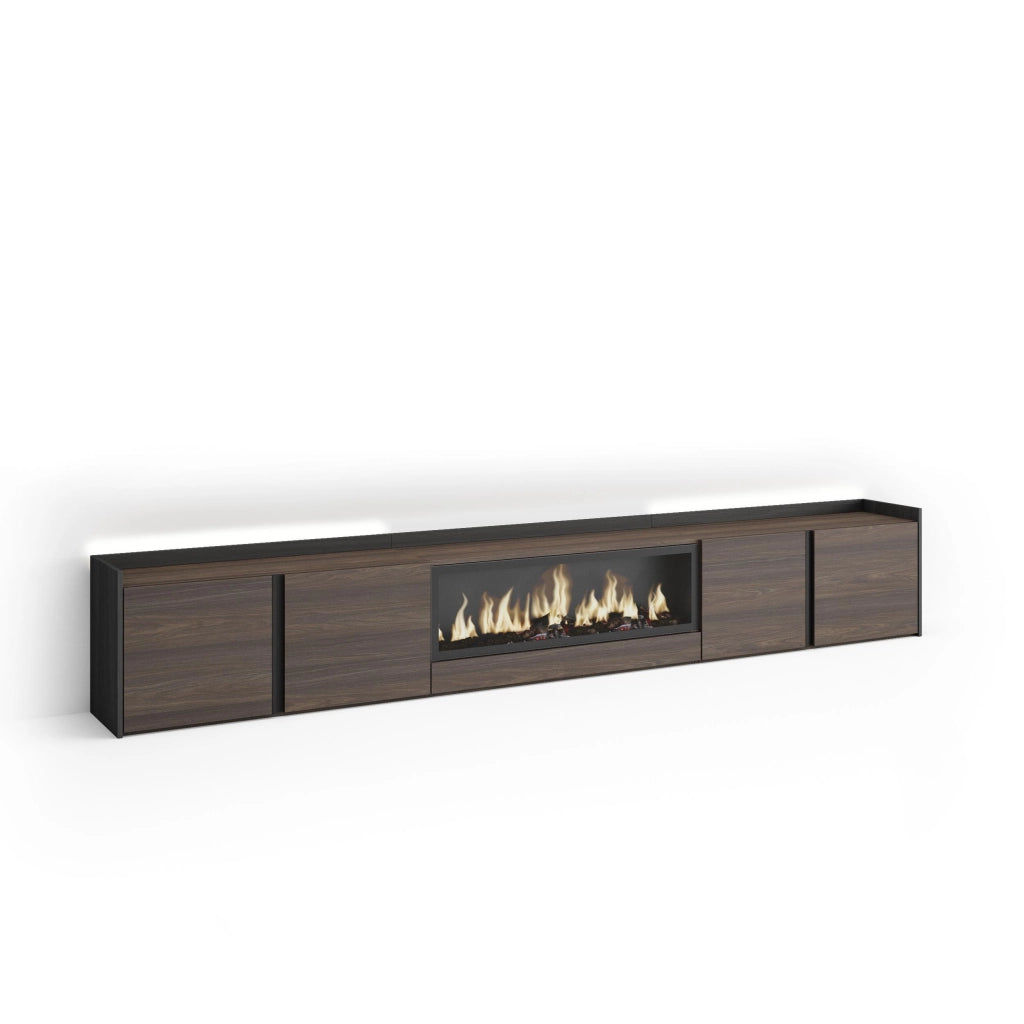Mobile TV Soggiorno, 315x50x35 cm, Per TV fino a 80", Camino elettrico XXL, LED, Rovere scuro e Nero