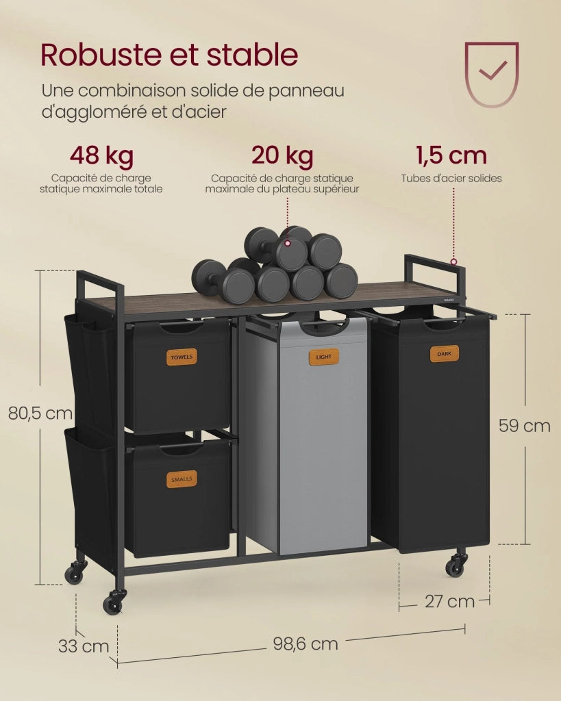 Cesto portabiancheria 4 scomparti 150 litri ruote carrello con ripiani sacco tasche laterali 6 etichette nero 12_0006658
