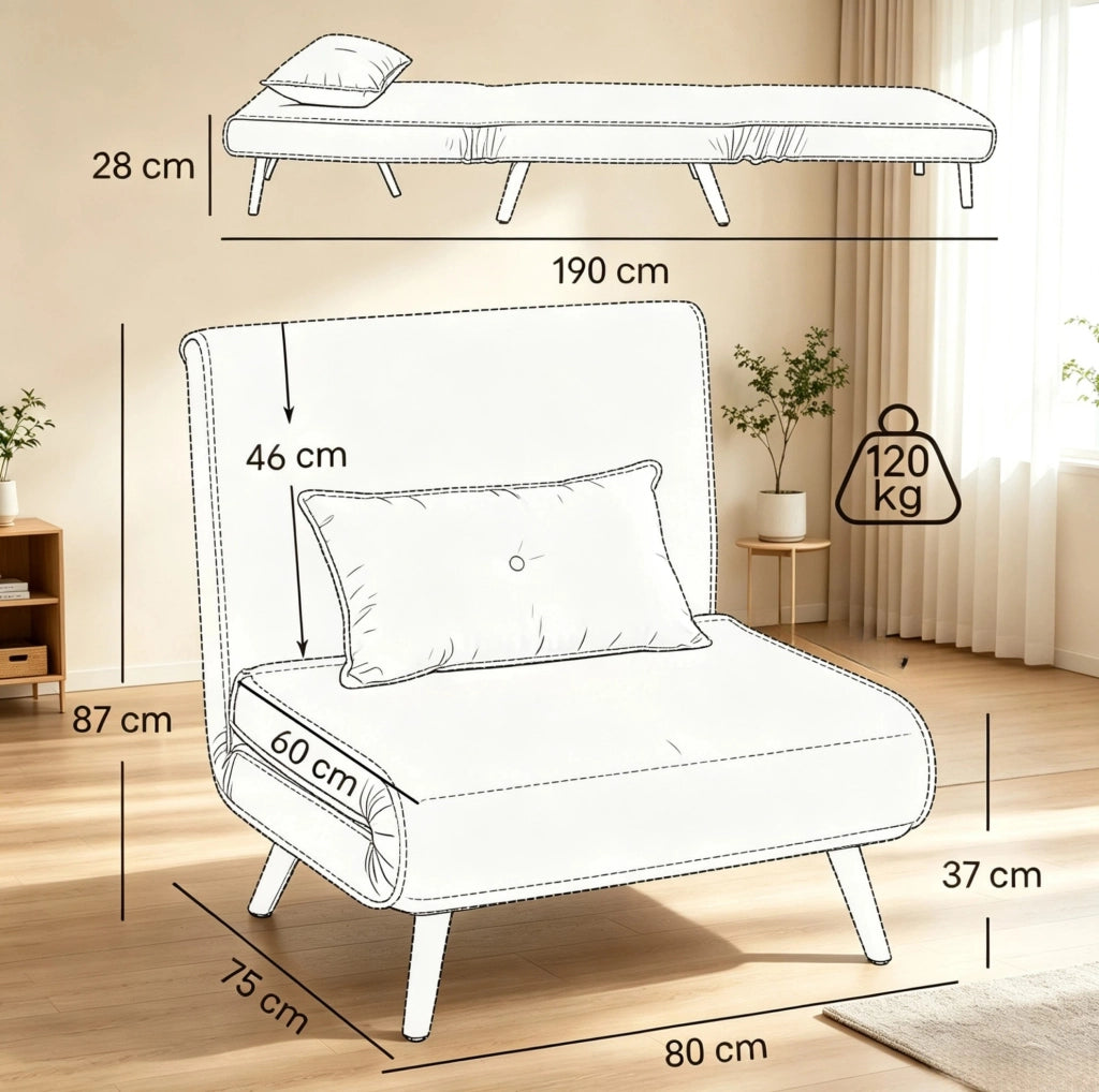 POLTRONA LETTO 3 in 1 80x190 cm Tessuto Verde con cuscino