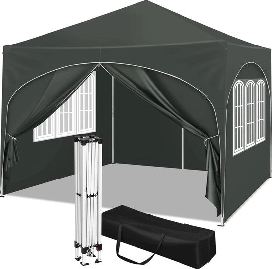 Tenda da festa - 3x3 m - Pareti laterali - Facile da montare - Pergola - Ripiegabile - Impermeabile - Con valigetta portatile - Grigio scuro
