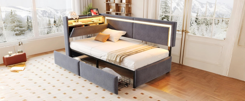 Divano Letto Imbottito 90x200 cm con LED, USB, Testiera Contenitore e Cassetti, Velluto Grigio Scuro