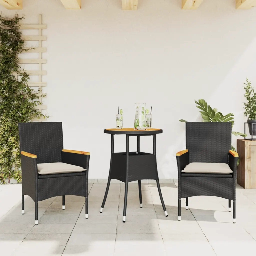 Set Pranzo da Giardino 3 pz con Cuscini Nero Polyrattan Acacia 3278717