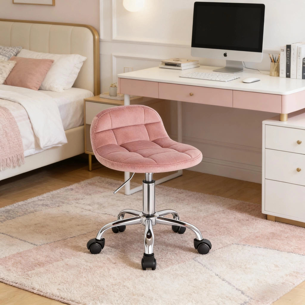 Sedia da ufficio girevole ergonomica regolabile in altezza con rotelle in velluto rosa e base cromata