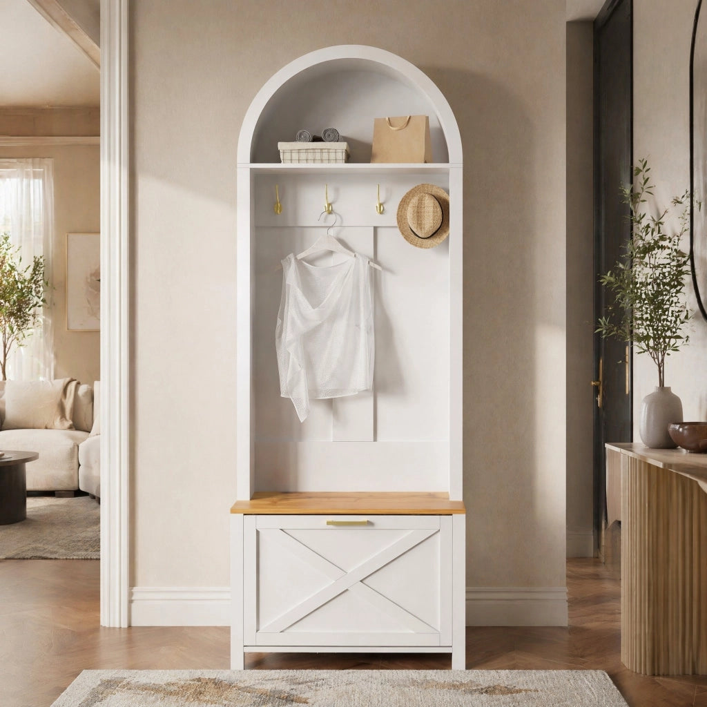 Appendiabiti da ingresso multifunzione con scarpiera; ripiano e ganci; 195 x 75 x 35 cm; MDF bianco e legno