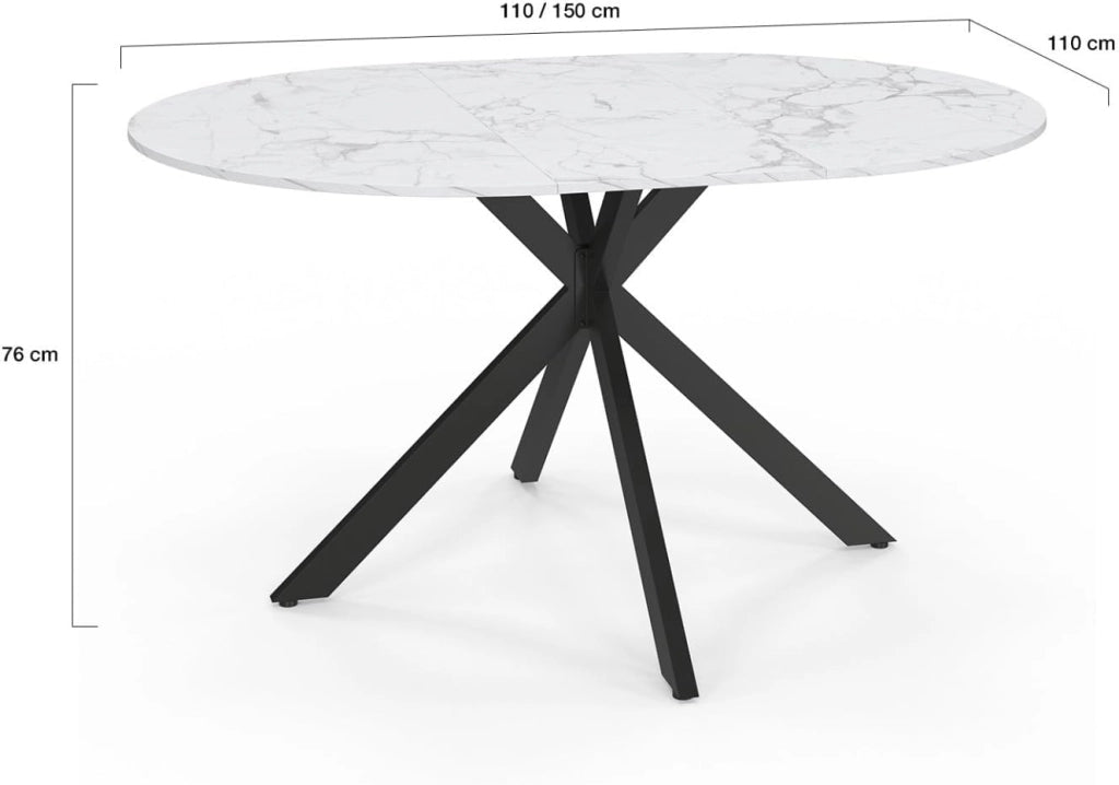 Tavolo da pranzo rotondo allungabile ALIX, 4-8 persone, gamba a ragno in metallo nero, piano effetto marmo ALASKA, 110-150 cm