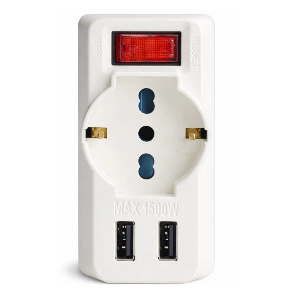 Adattatore con Interruttore Spina 10A con 2 Prese Bipasso 10A/16A 1 Presa Universale e 2 USB A 5V/3A 250V Max 1500W