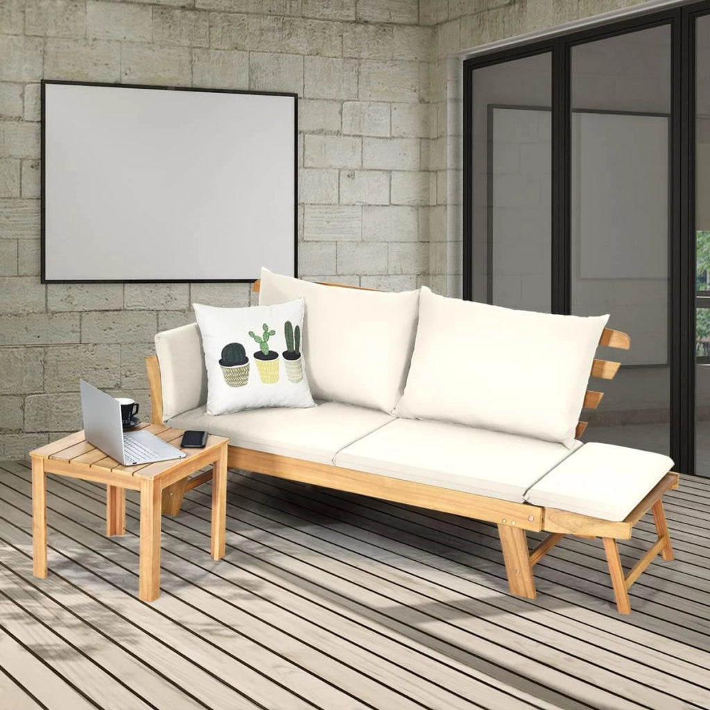 Divano Esterno a 2 Posti, in Legno di Acacia, Lettino Giardino con Braccioli Regolabili, Sdraio da Giardino con Cuscini, Chaise Longue per Giardino, Piscina, Cortile (Bianco)