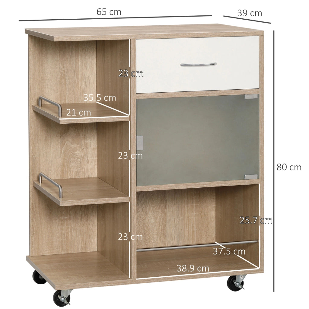 Carrello da Cucina Portavivande con Cassetto, Ripiani e Armadietto in Legno, Acciaio e Vetro, 65x39x80cm
