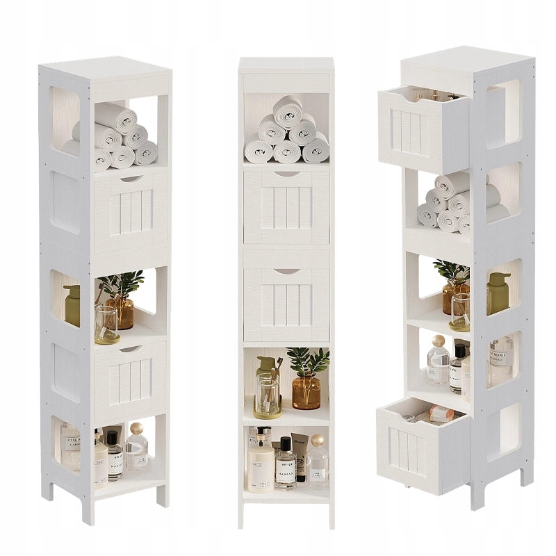 Mobiletto da bagno bianco con colonna con cassetti e ripiano alto, stile loft moderno, 142 cm