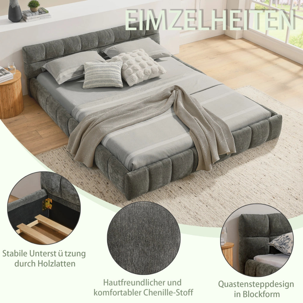 Letto Matrimoniale 140x200 cm; con Testiera Imbottita e Struttura in Legno e Ferro