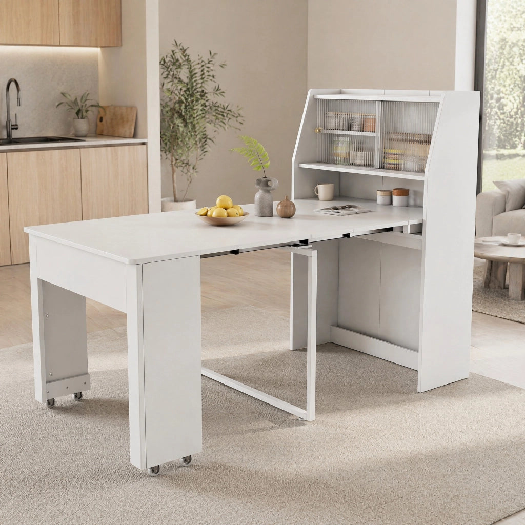 Tavolo da pranzo allungabile 52-132,5 cm con vano contenitore, bianco, in truciolare e vetro