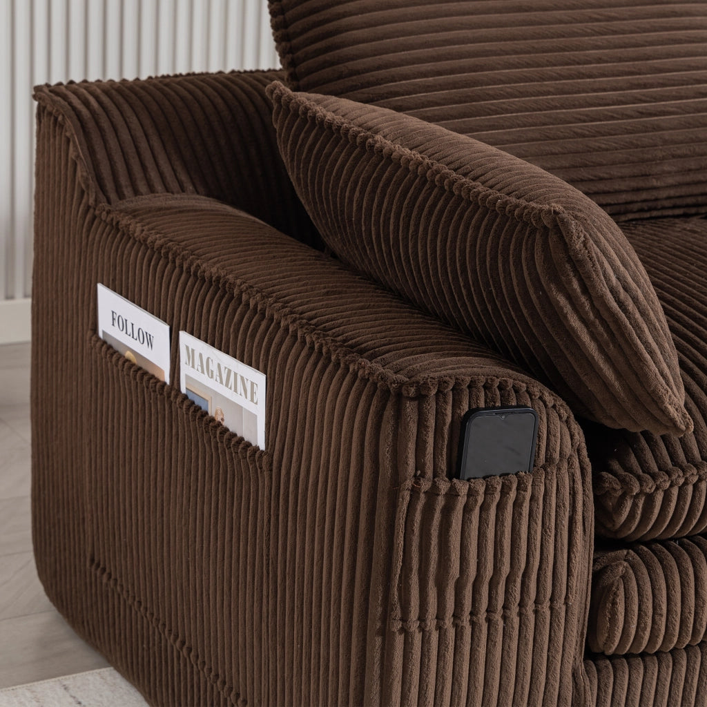 Divano a 2 posti in velluto a coste marrone con tasche laterali; cuscini inclusi e molle 191 × 94 × 85 cm