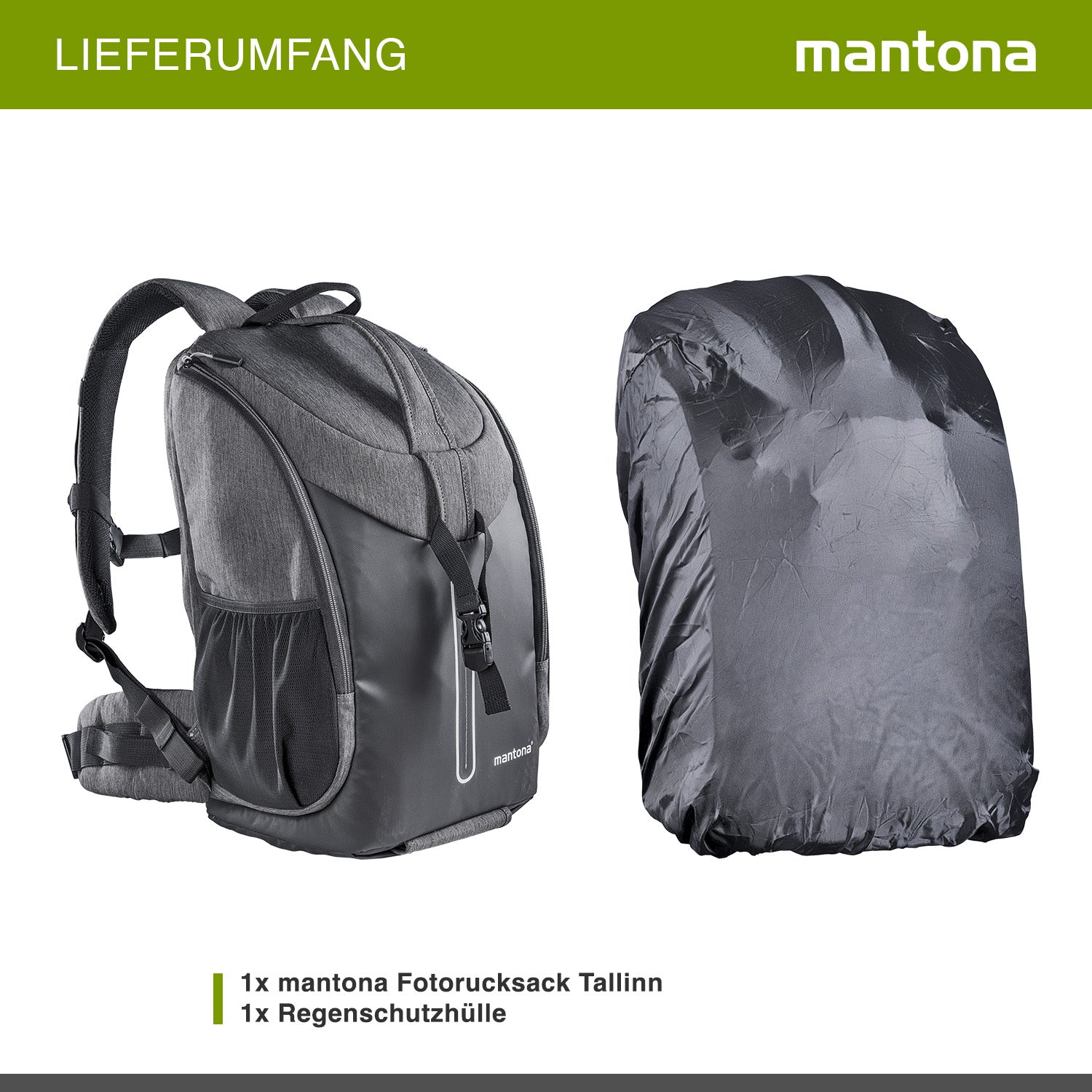 Mantona Tallinn Zaino fotografico per fotocamera SLR DSLR, obiettivi e accessori, con supporto per treppiede e copertura antipioggia, scomparti regolabili