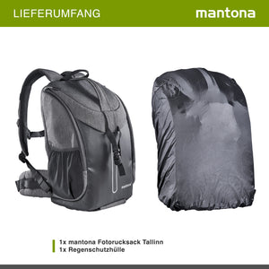 Mantona Tallinn Zaino fotografico per fotocamera SLR DSLR, obiettivi e accessori, con supporto per treppiede e copertura antipioggia, scomparti regolabili