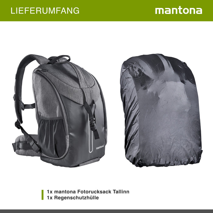 Mantona Tallinn Zaino fotografico per fotocamera SLR DSLR, obiettivi e accessori, con supporto per treppiede e copertura antipioggia, scomparti regolabili