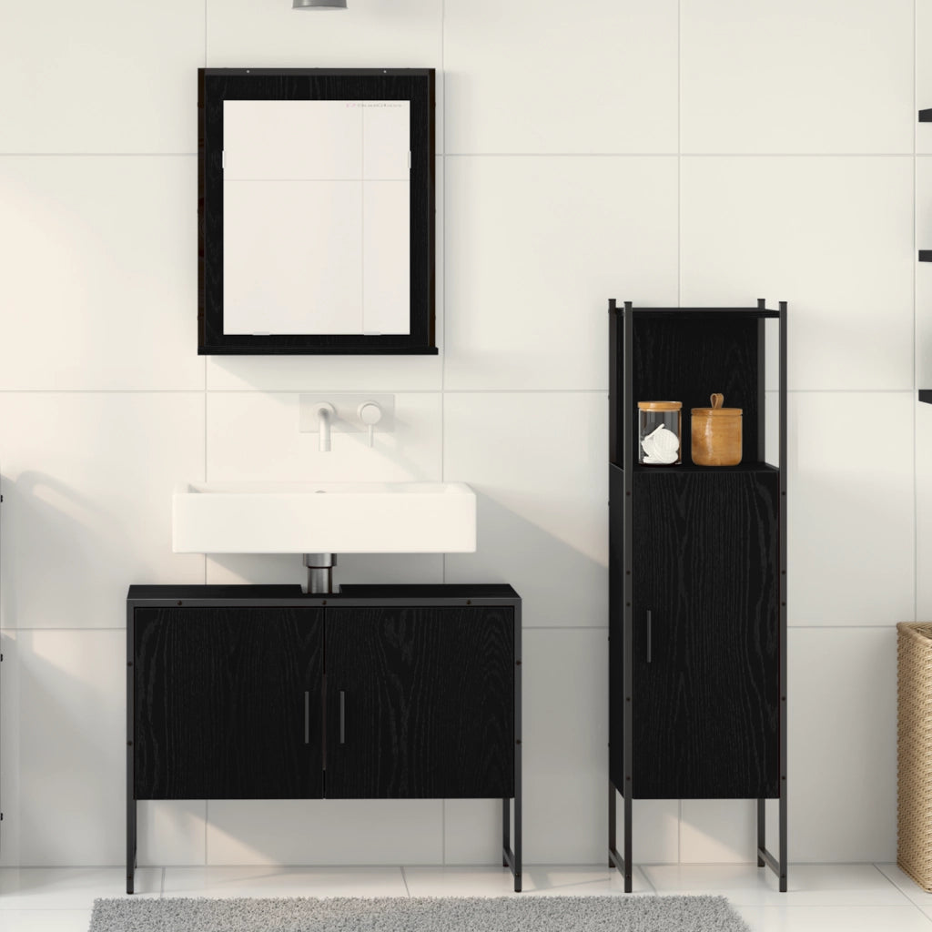 Set di mobile da bagno a 3 pezzi in legno ingegnerizzato effetto rovere nero