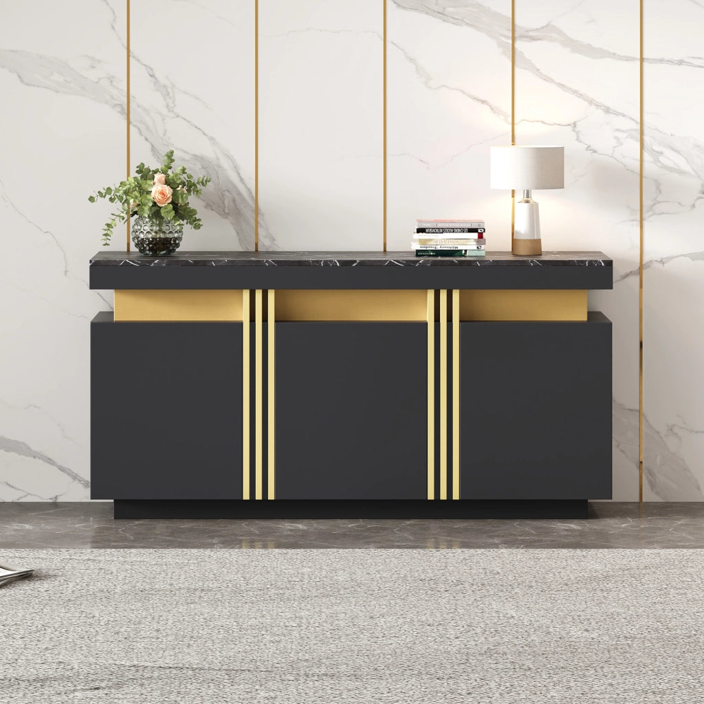 Credenza 140x38x70 cm con 3 ante e ripiani regolabili; effetto marmo in truciolare nero