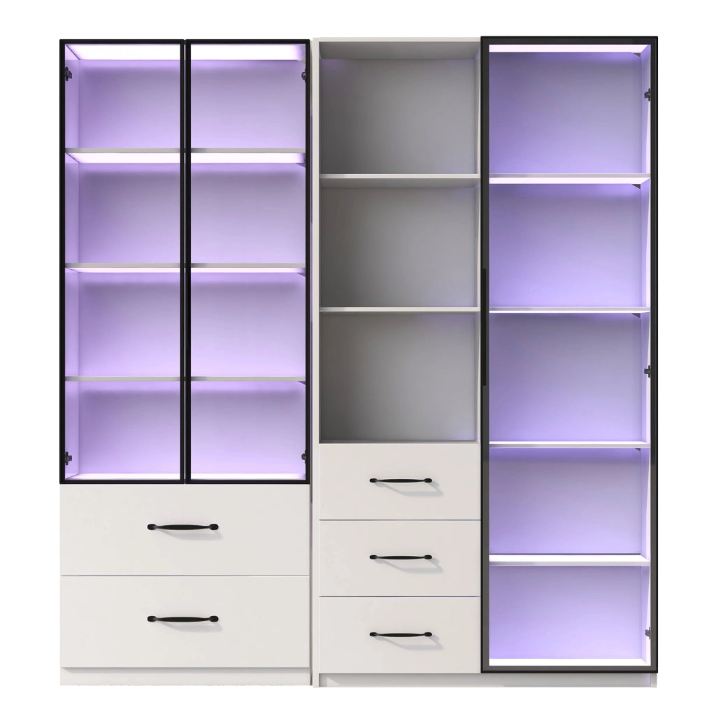 Vetrina Modulare con 5 Cassetti; Vani Aperti e LED Multicolore; Vetro di Sicurezza; Bianco; in Truciolare; 140??40??160 cm