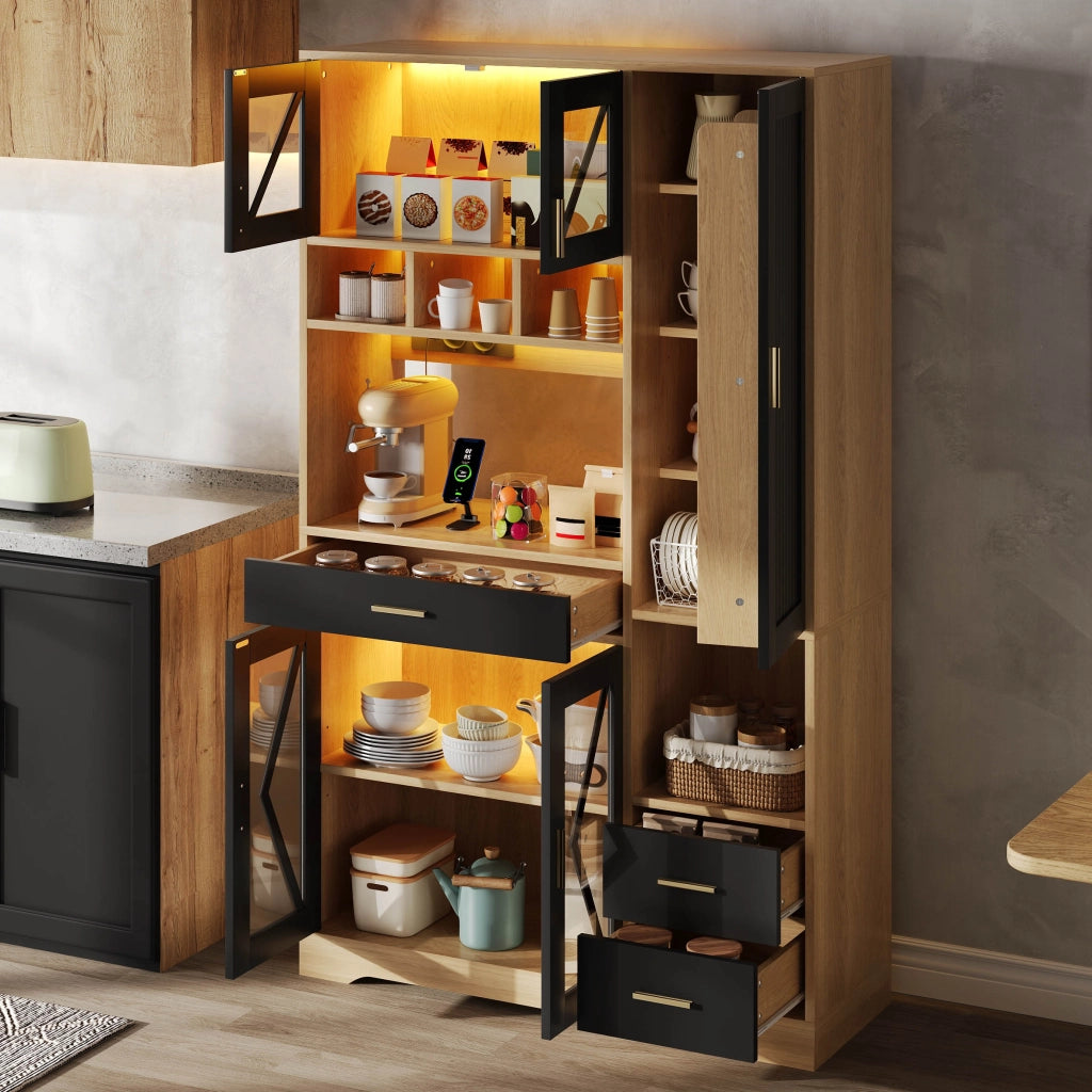 Buffet da cucina in stile vintage con LED RGB, prese e ampio spazio contenitore, 185 x 105 x 40 cm
