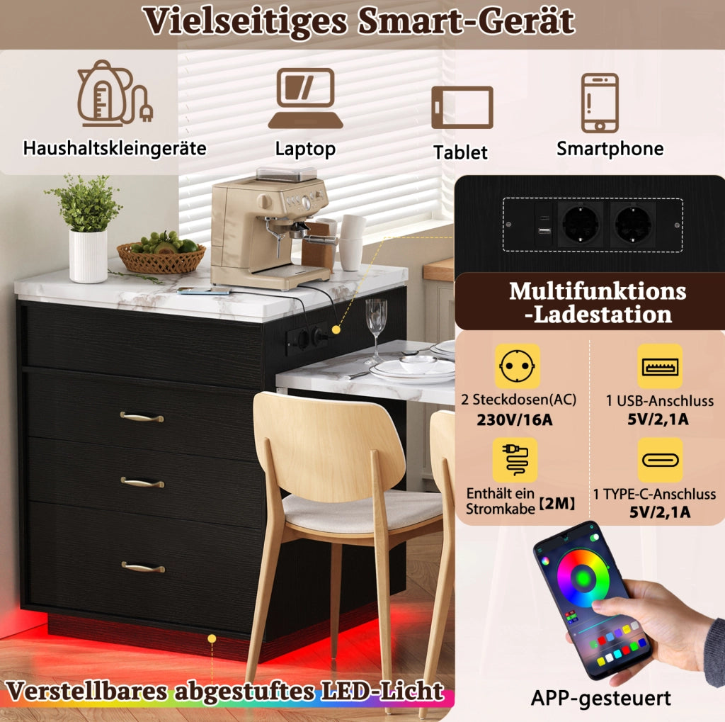 Tavolo da pranzo estensibile nero con LED, USB e vani