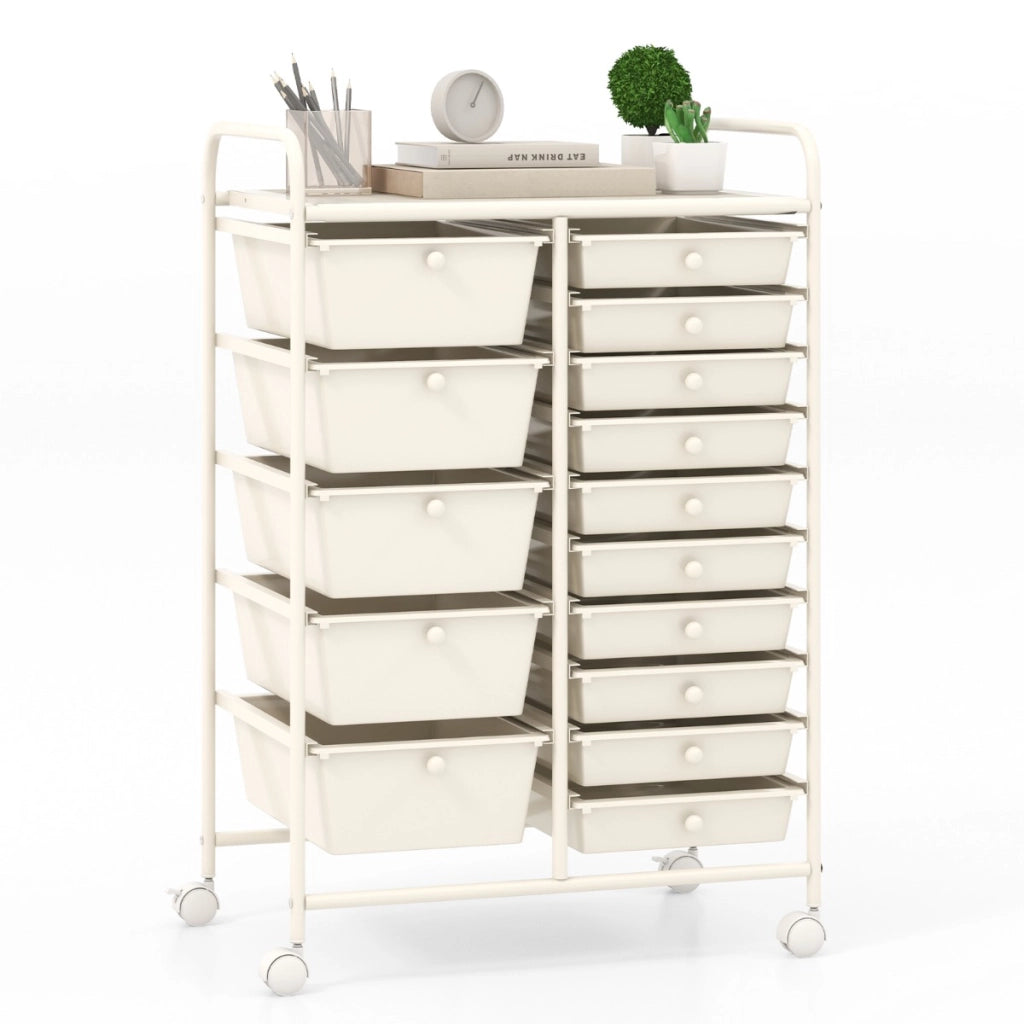 Carrello con 15 cassetti estraibili e ruote con freno-Scaffale-Carrello multiuso per casa ufficio scuola Bianco