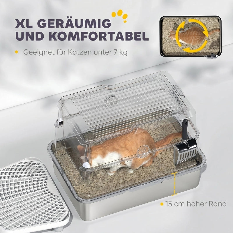 Lettiera per gatti, in acciaio inox, interno XL, con paletta, grigio chiaro