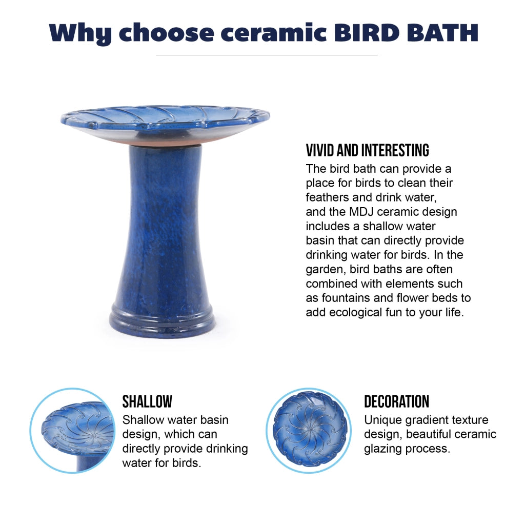 Fontana da giardino in ceramica smaltata blu fatta a mano con vasca Ø 43 cm e base alta 45 cm per esterni
