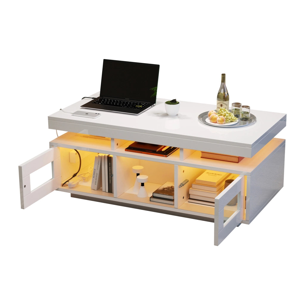 OKWISH Tavolino da Salotto con 2 Ante, 2 Vani e 1 Ripiano, LED e Presa USB, per Soggiorno, Bianco, 100 x 50 x 43 cm