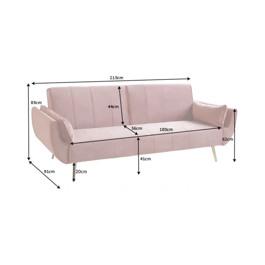Divano dritto DANNA rosa cipria – Divano scandinavo trasformabile in velluto con piedi in metallo