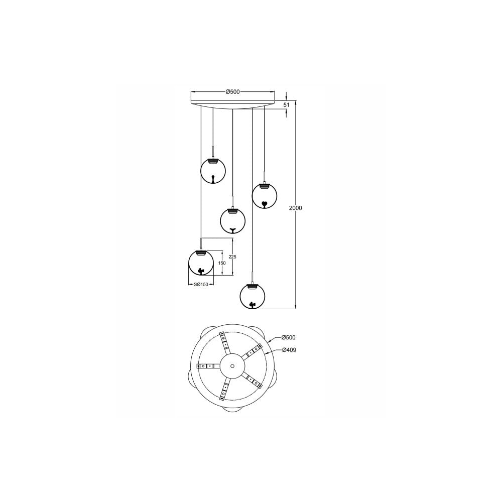 Ariel - Lampada a sospensione circolare 5 luci Fabas Luce - LED 35W dimmerabile - Trasparente Rosone rotondo d.50cm