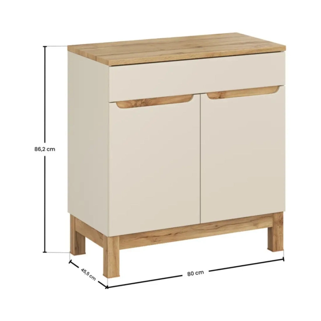 Set bagno ERMANO cashmere e finitura quercia 80cm: mobile sotto lavabo + piano per lavabo