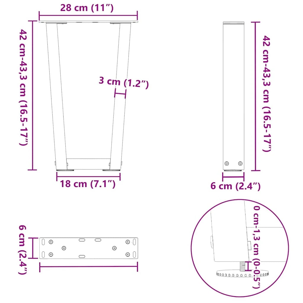 Set di 2 gambe regolabili per tavolino da caffè a forma di V 28 x 42-43,3 cm acciaio nero 02_0056908