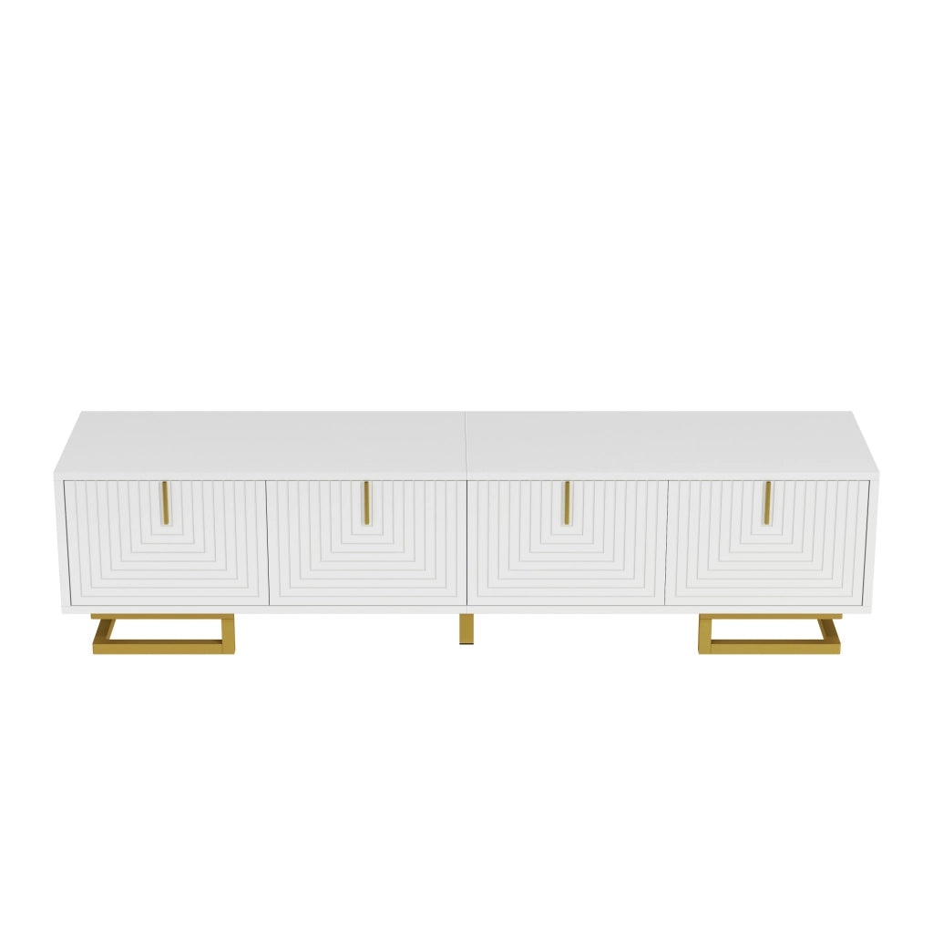 Mobile porta TV con 4 ante e ripiani interni, linee strutturate, maniglie e gambe dorate, bianco, 160 × 38 × 44,5 cm