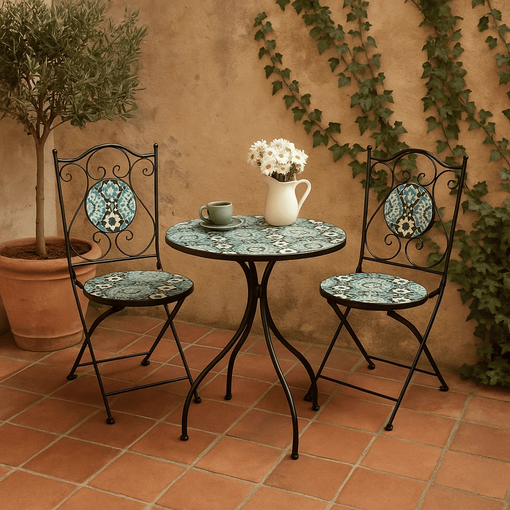 SET PER ESTERNO GIARDINO TAVOLO E 2 SEDIE CON INSERTI IN CERAMICA MODELLO "SAINT-TROPEZ"