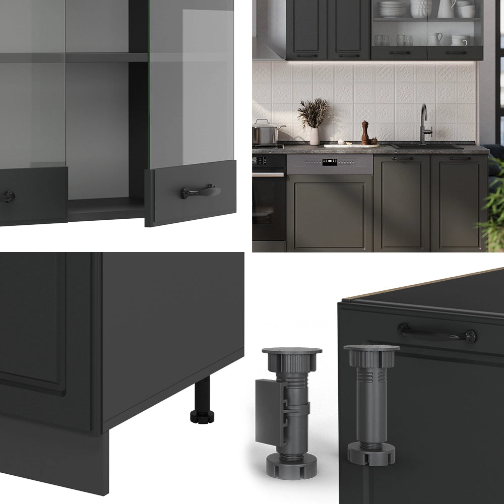 Cucina componibile R-Line Antracite rustico/Antracite 300 cm senza piano di lavoro Vicco