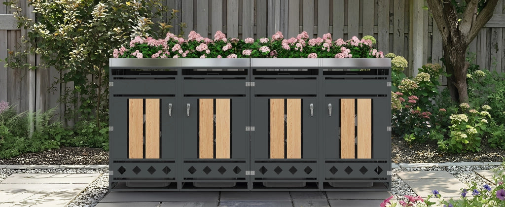 Cassetta rifiuti da giardino con fori di ventilazione diamantati compartimenti multipli chiusura a chiave quattro porte spazio per piante finitura venatura legno resistente e funzionale per esterni