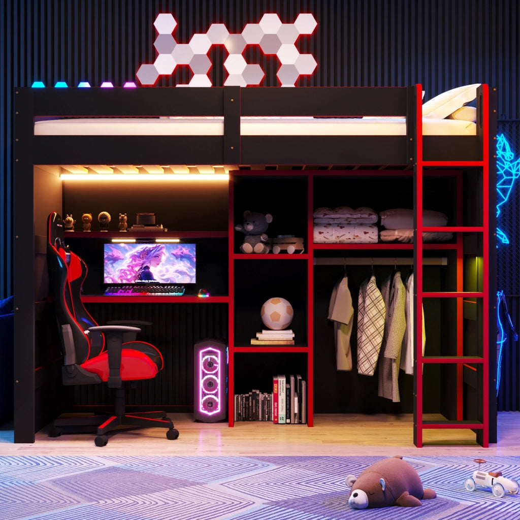 Letto a soppalco 90 × 200 cm con scrivania armadio aperto LED USB in MDF e compensato nero e rosso