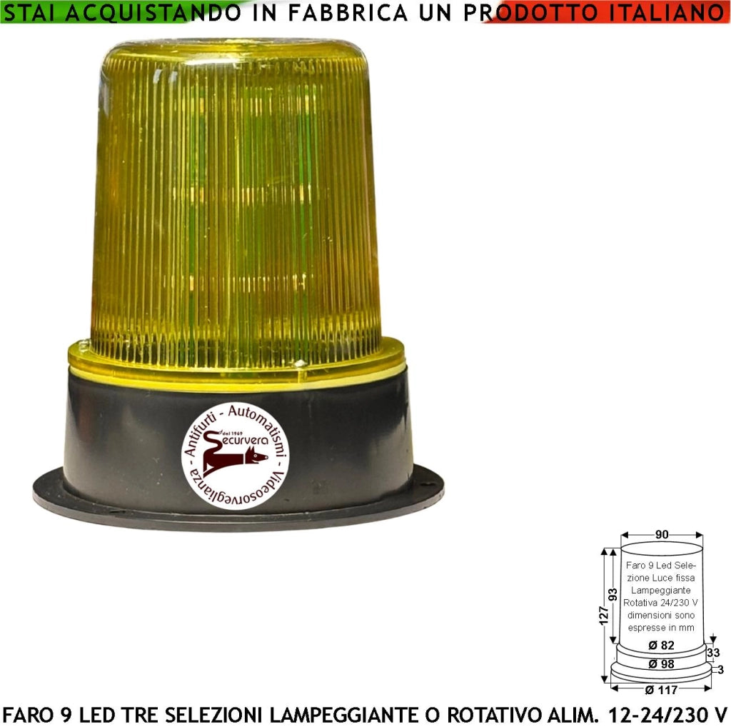 Lampeggiante 9 Led su 3 Steli Selezione Luce Gialla Fissa o Rotante Aliment. 12/24/230 V Montaggio da Palo o Parete Uso Come Monitore su Automatismi o Ripetitore di allarme Cover Metacrilato IP55