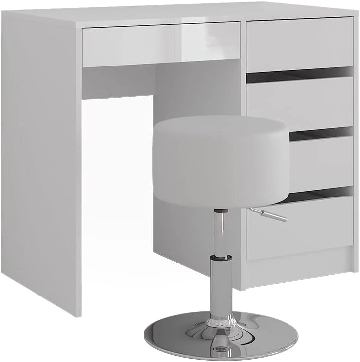 Tavolo da toeletta Sherry, Bianco/bianco lucido, 89.8 cm con sgabello