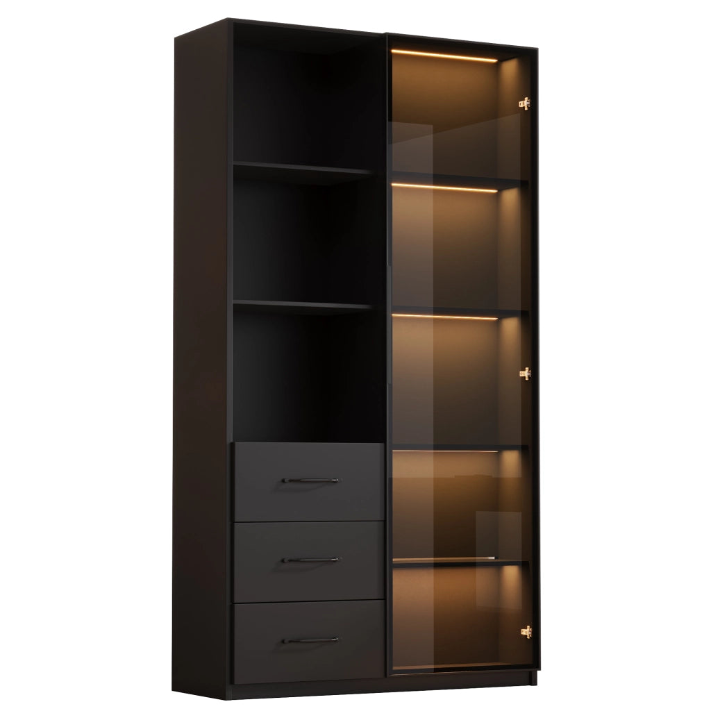 Vetrina LED modulare con ante in vetro, ripiani aperti e cassetti, per soggiorno e cucina, nero, 140 × 40 × 160 cm