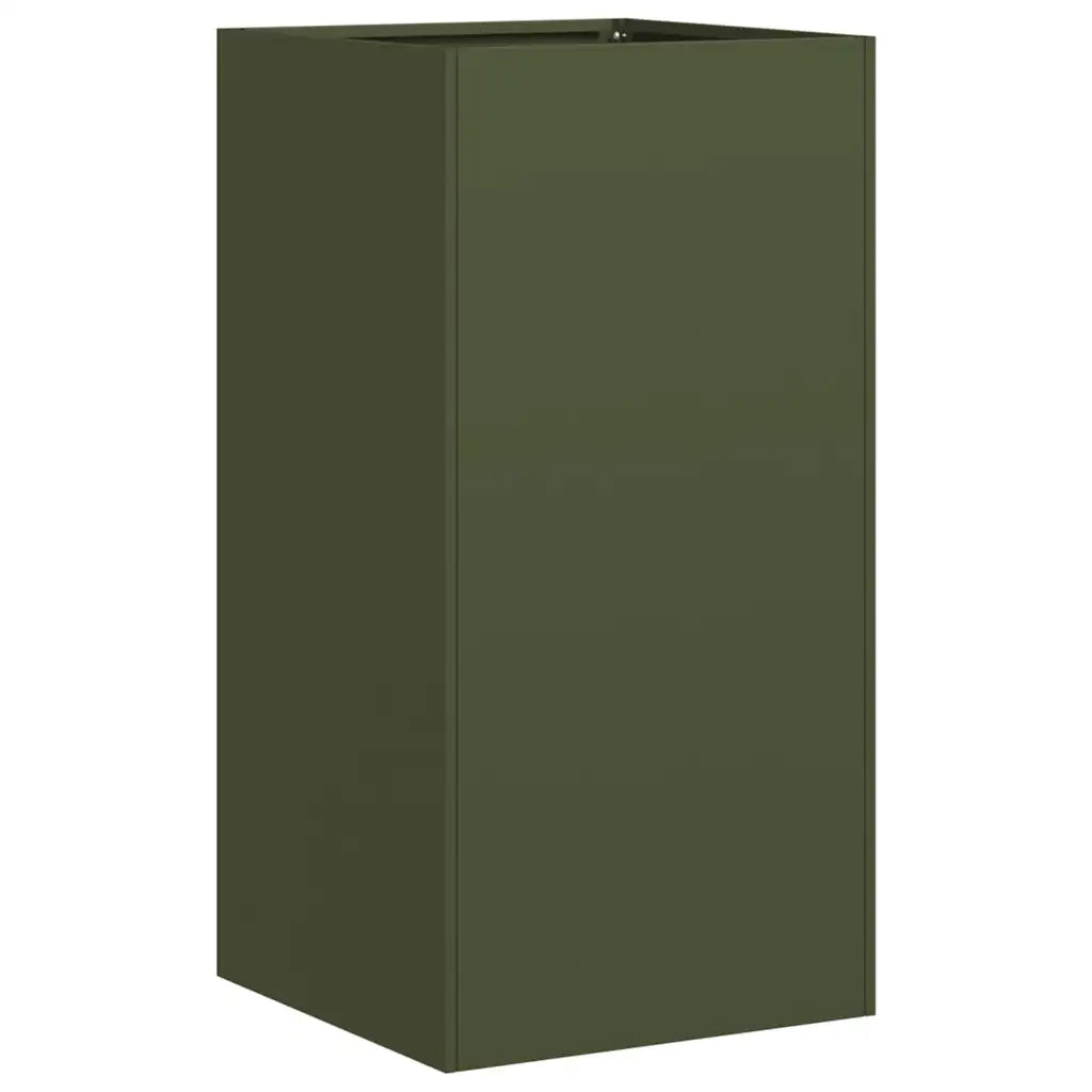 Fioriera moderna a fondo aperto 40 x 40 x 80 cm per balcone o giardino robusta realizzata in acciaio laminato a freddo verde oliva 02_0051495