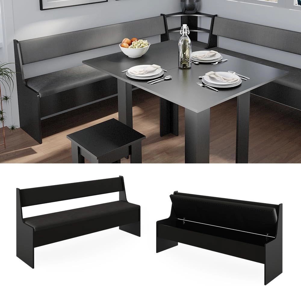 Panca ad angolo Roman, Nero, 41.5 x 166.6 cm, adatto per soluzioni angolari salvaspazio nella zona pranzo