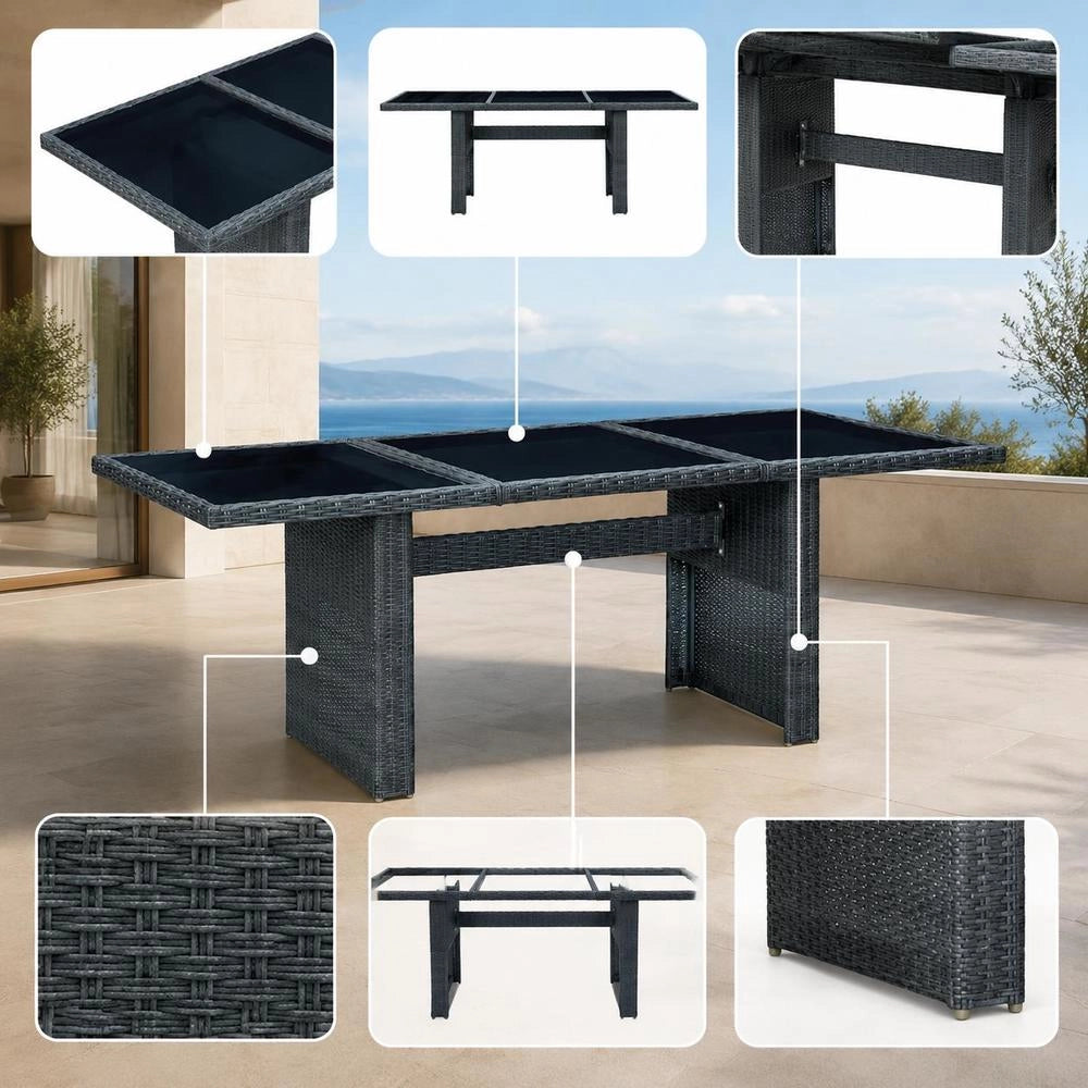 Garden Table Dark Grey Poly Rattan And Tempered Glass
