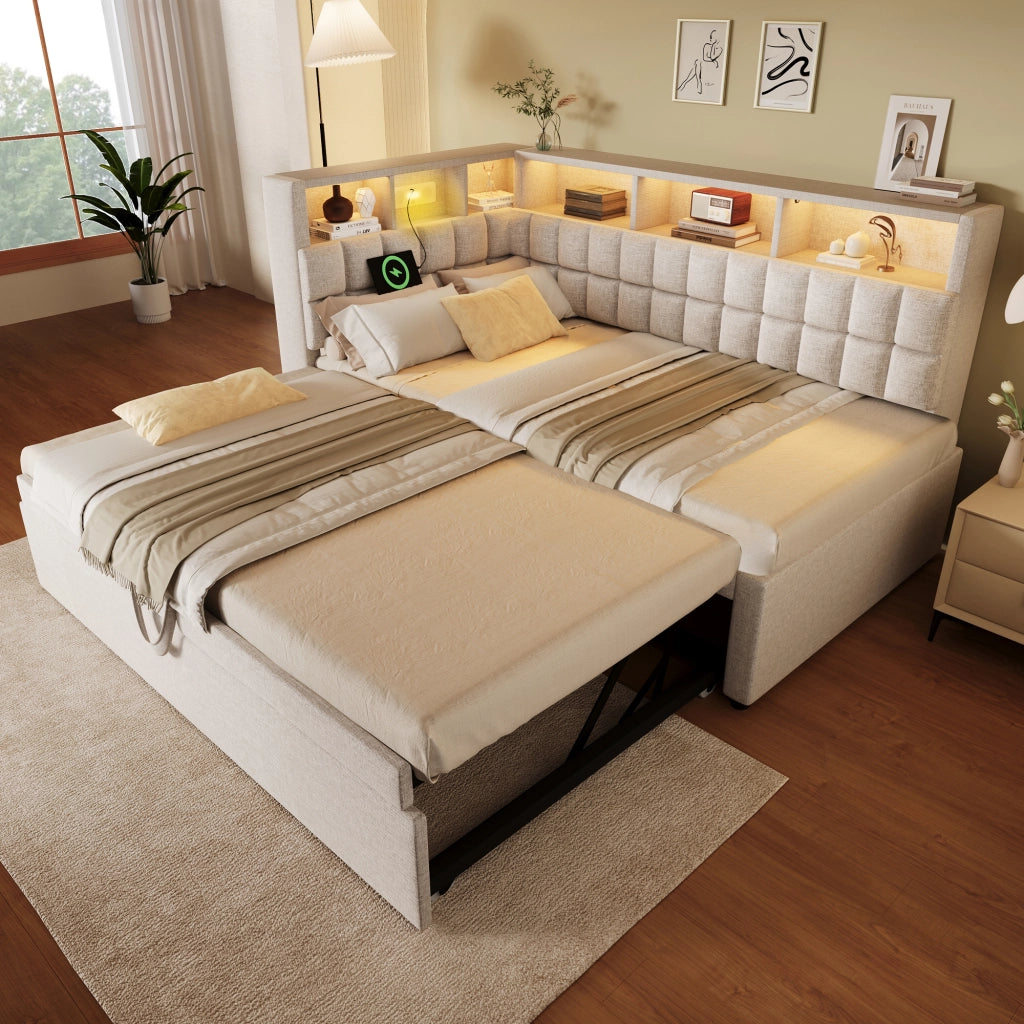 Letto Estraibile 90x200 cm; USB; Type-C; Bluetooth e LED Regolabile - Beige