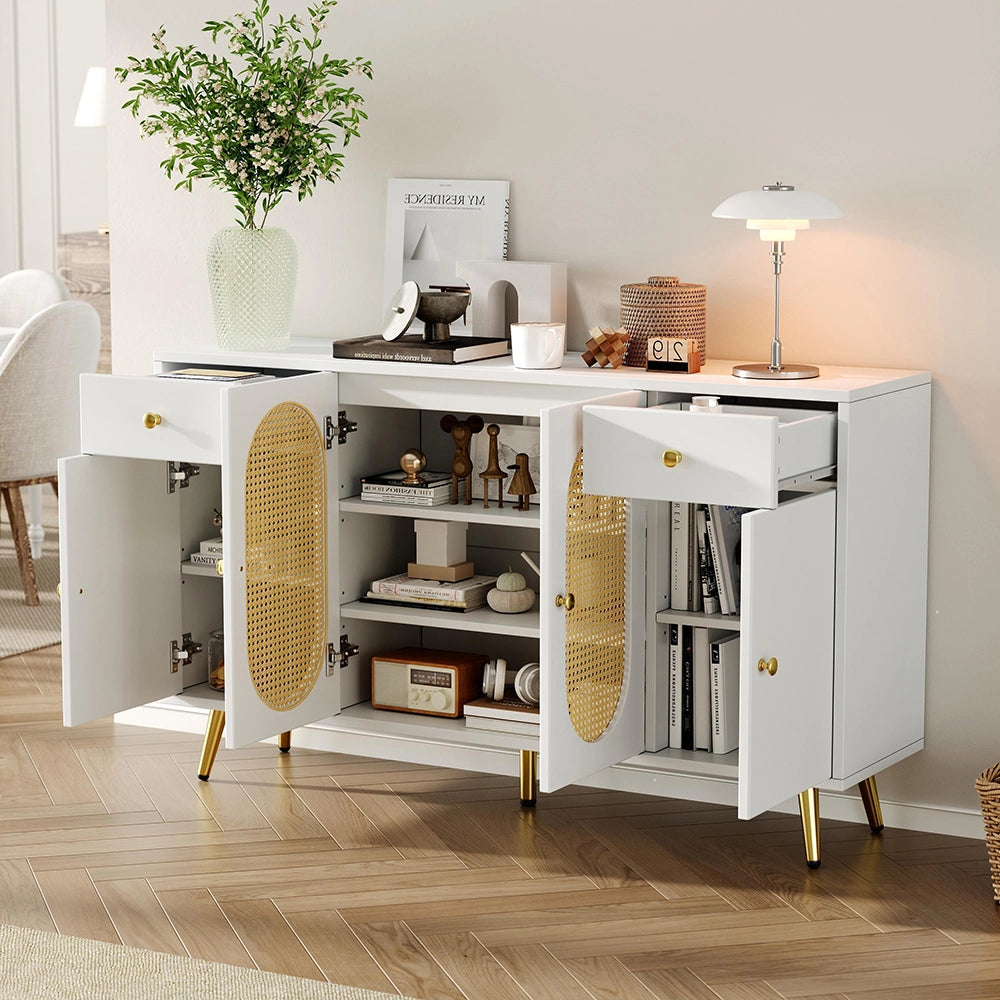 Commode buffet con 2 cassetti e 4 ante - Xylo - Bianco e toni naturali, L140xP35xH82 cm