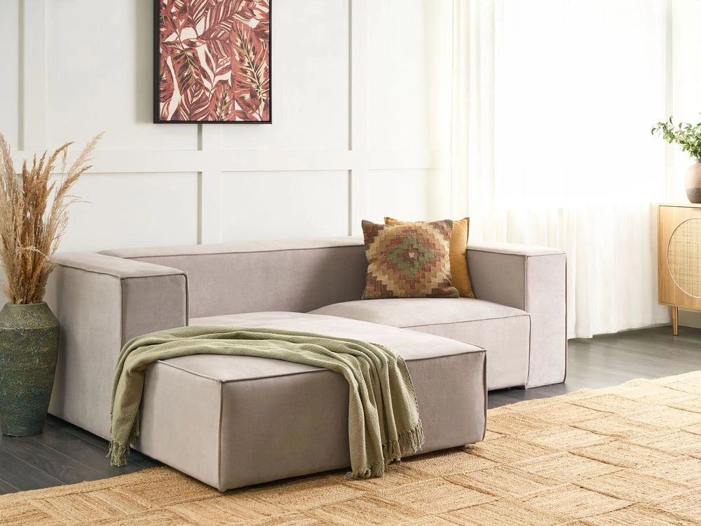 Divano angolare a 2 posti a destra in tessuto grigio talpa con braccioli imbottiti Stile minimalista